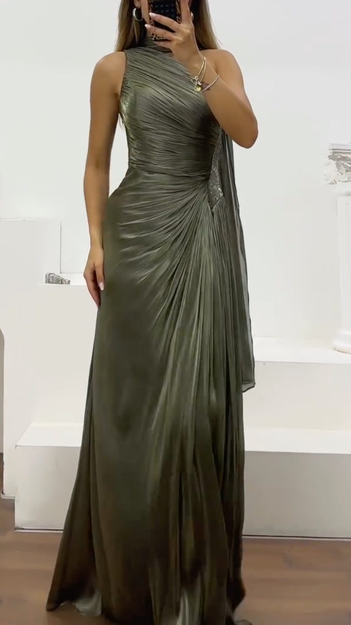 Draped Satin Maxi Evening Dress