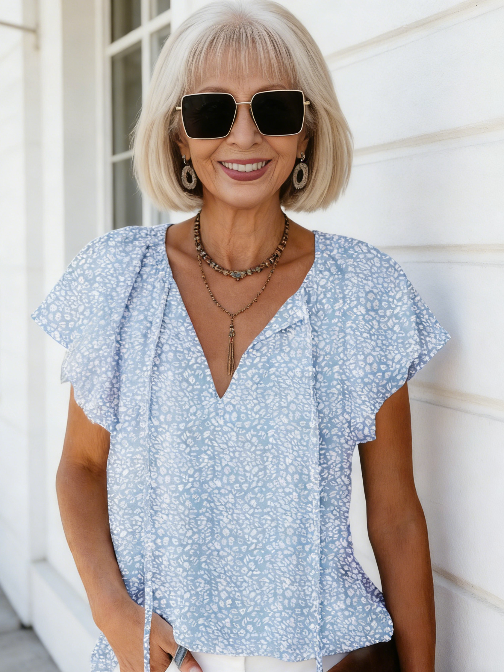 Vibrant Floral Short Sleeve Ruffle Tops - Loose Fit, V Neck, Casual, Boho Chic, Summer & Fall Essential - Womens Blouses for Everyday Wear