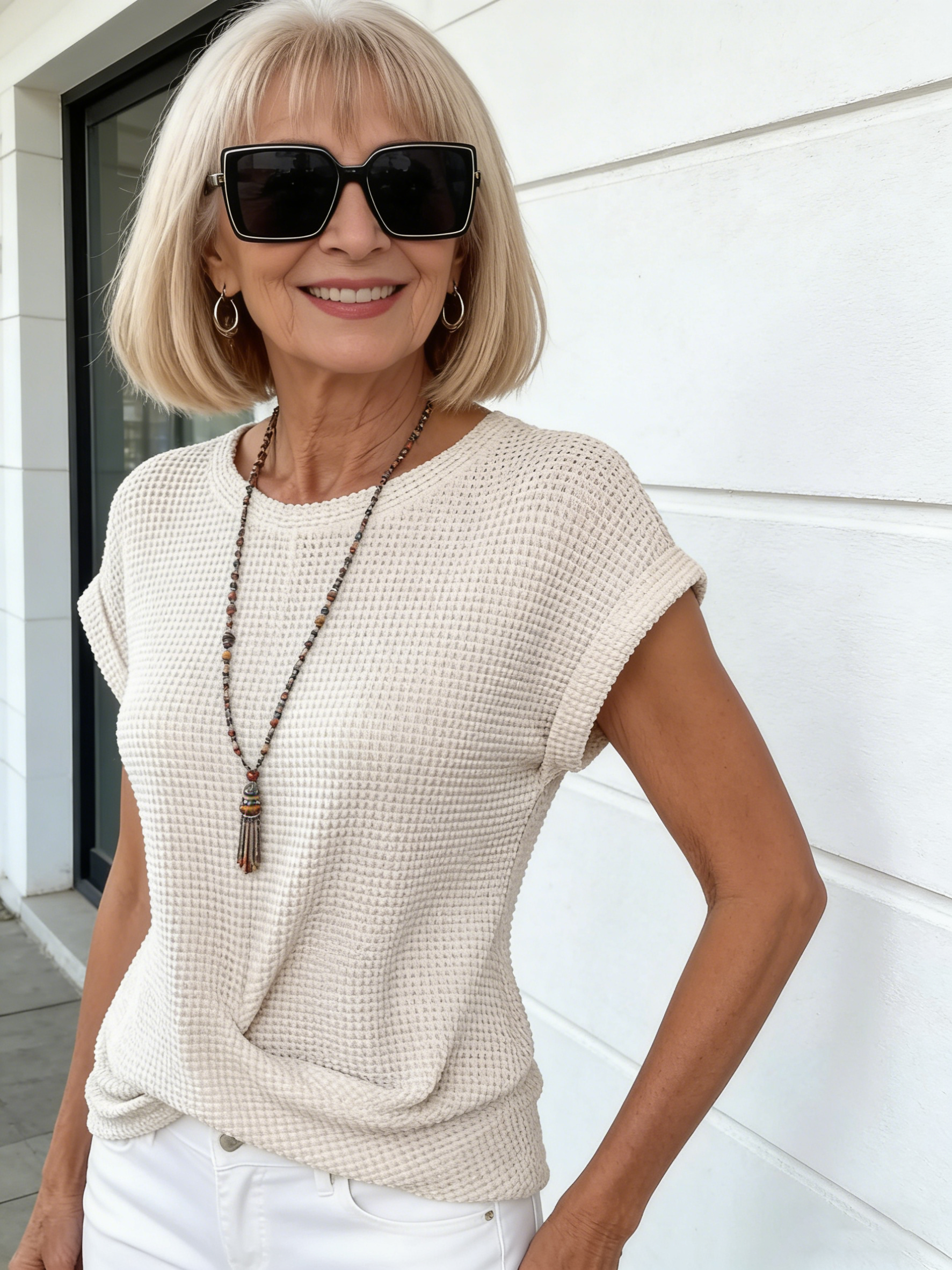 Textured Fabric Crew Neck T-Shirt Elegant Short Twist Hoop Top Women's Cross
