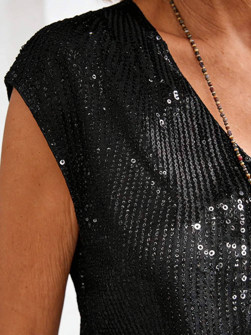 V-Neck Sequin Short Sleeve Ladies Shiny Tank Party Shirt
