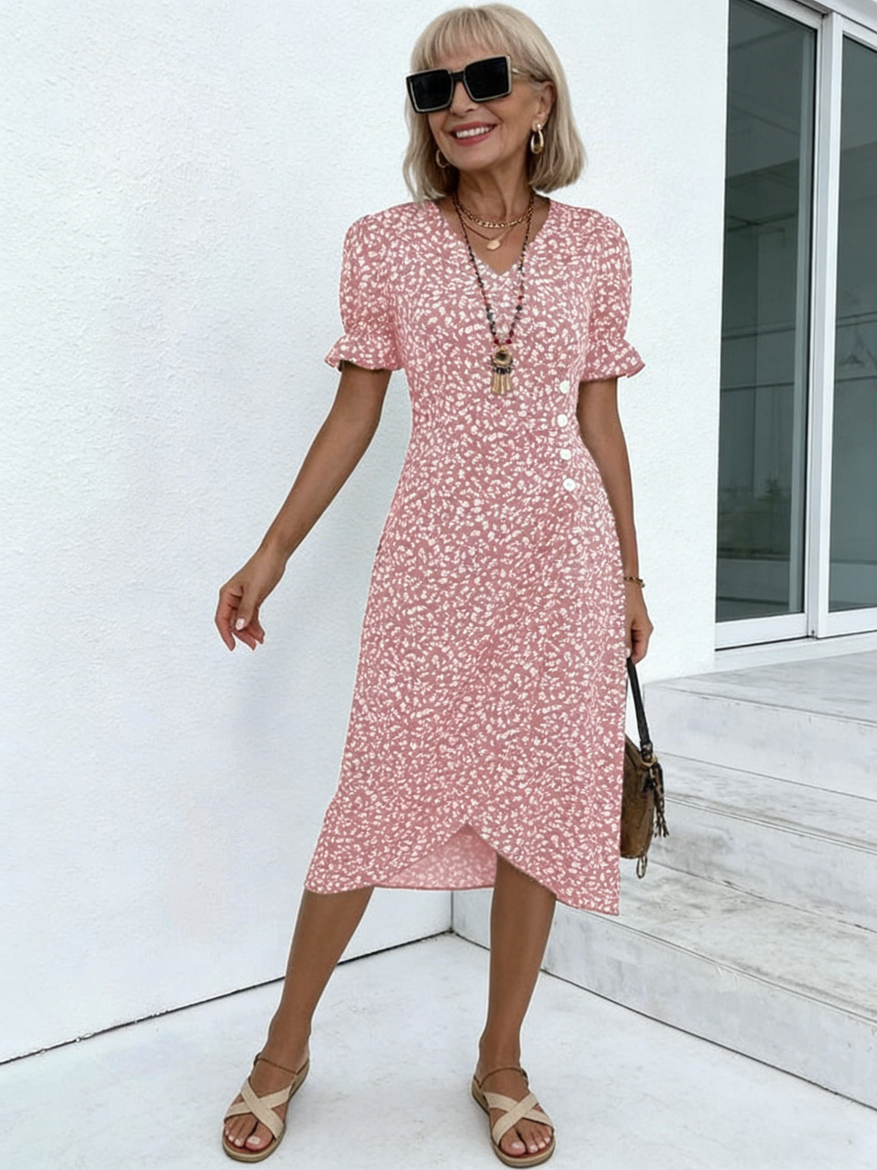 Slim-fit Women's Clothing Geometric Collage Bubble Sleeves Irregular Hem Dress