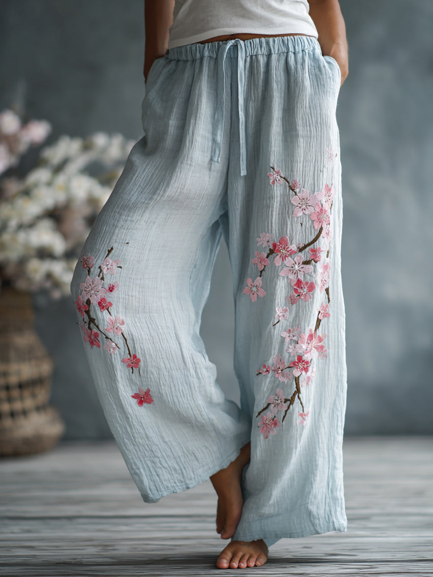 Women's Japanese Floral Pattern Linen Pants