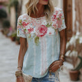 Women's Floral Lace Embroidery Casual Cotton Linen T-shirt