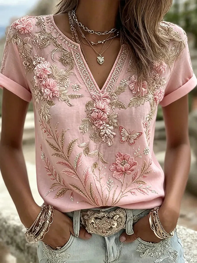 Women's floral print casual cotton and linen short sleeved shirt