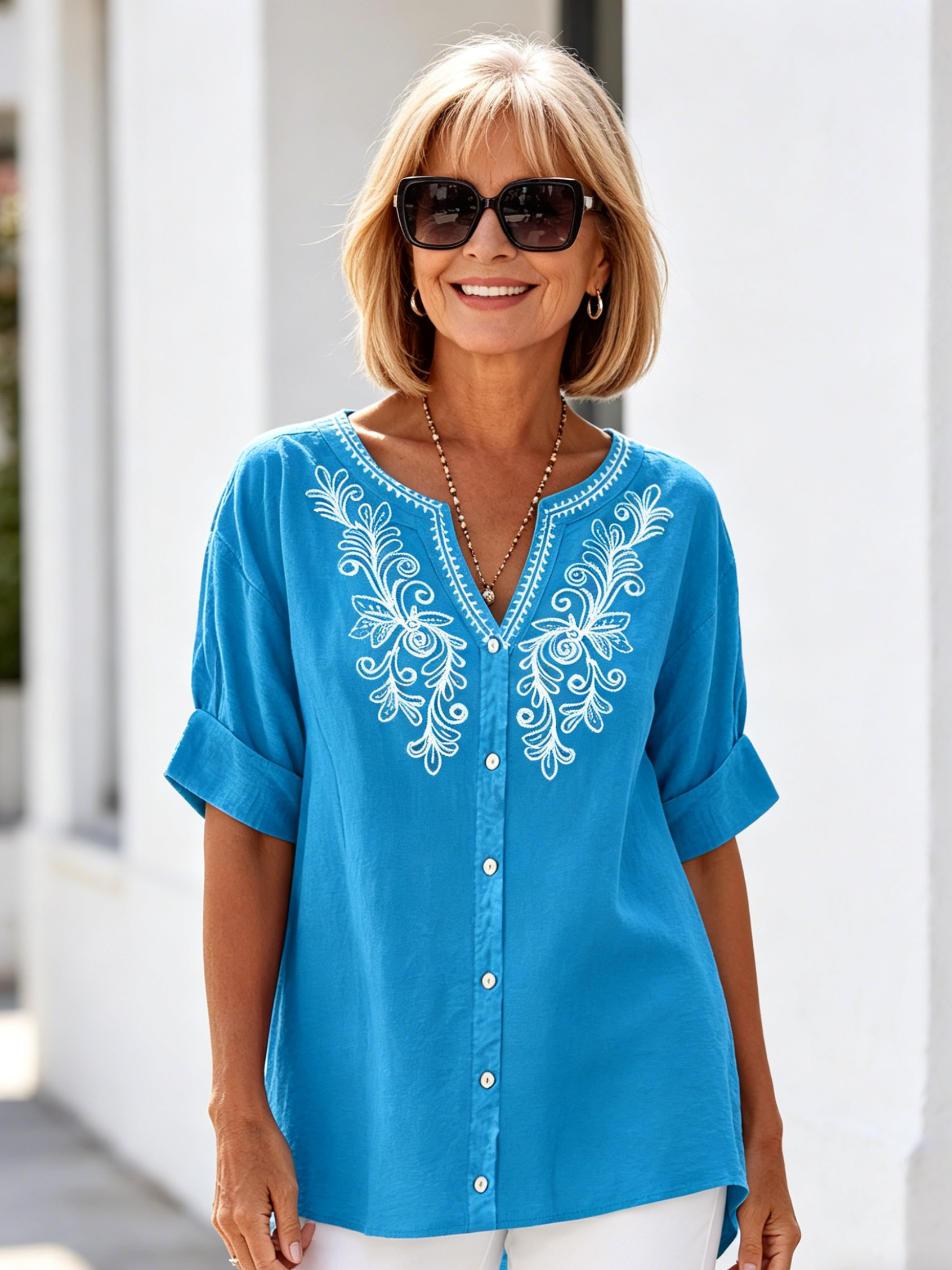 Embroidered Cotton and Linen Shirt Women's Solid Color Loose and Thin Five-quarter Sleeve Light Shirt