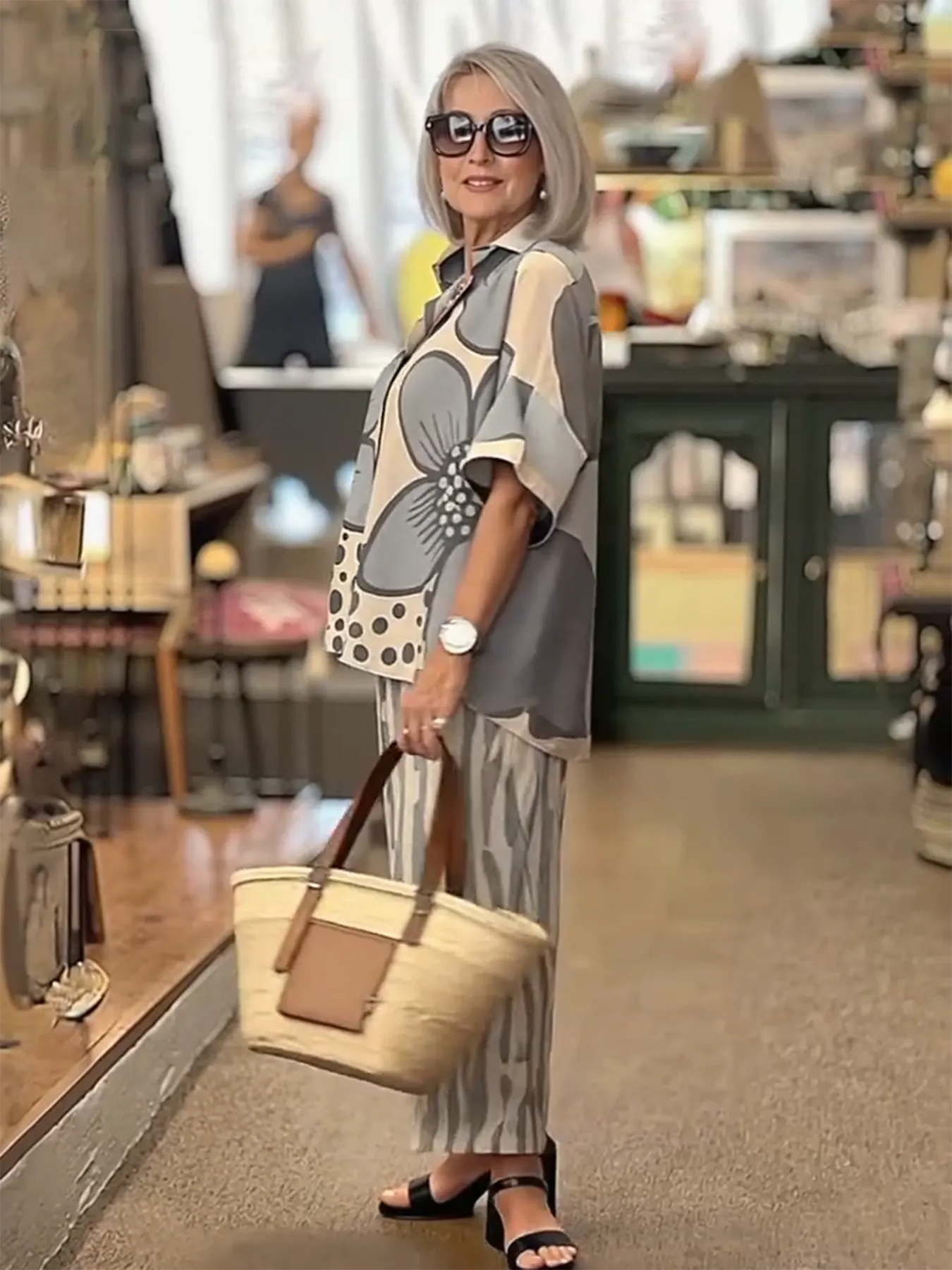 2Pcs Lapel Loose Geometric Printing Casual Set