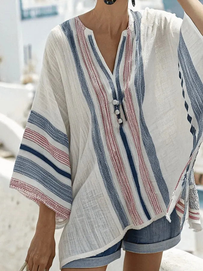Women's Vacation V-neck Three-quarter Sleeve Striped Print Loose Top Shorts Cotton and Linen Suit
