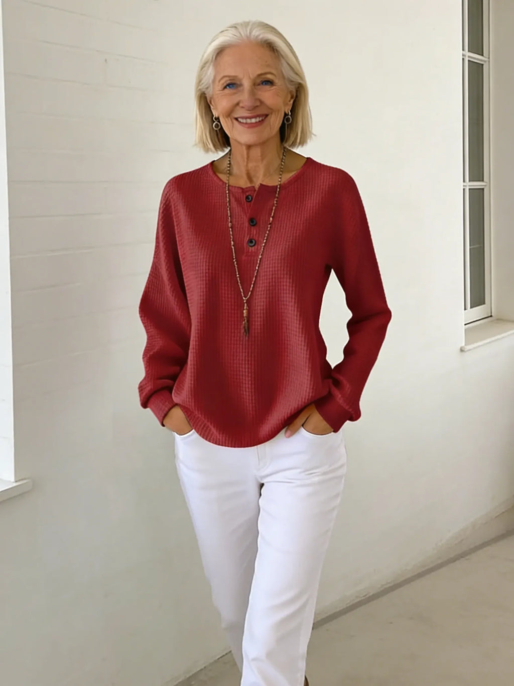 Crew Neck Waffle Solid Color Pullover Loose Top