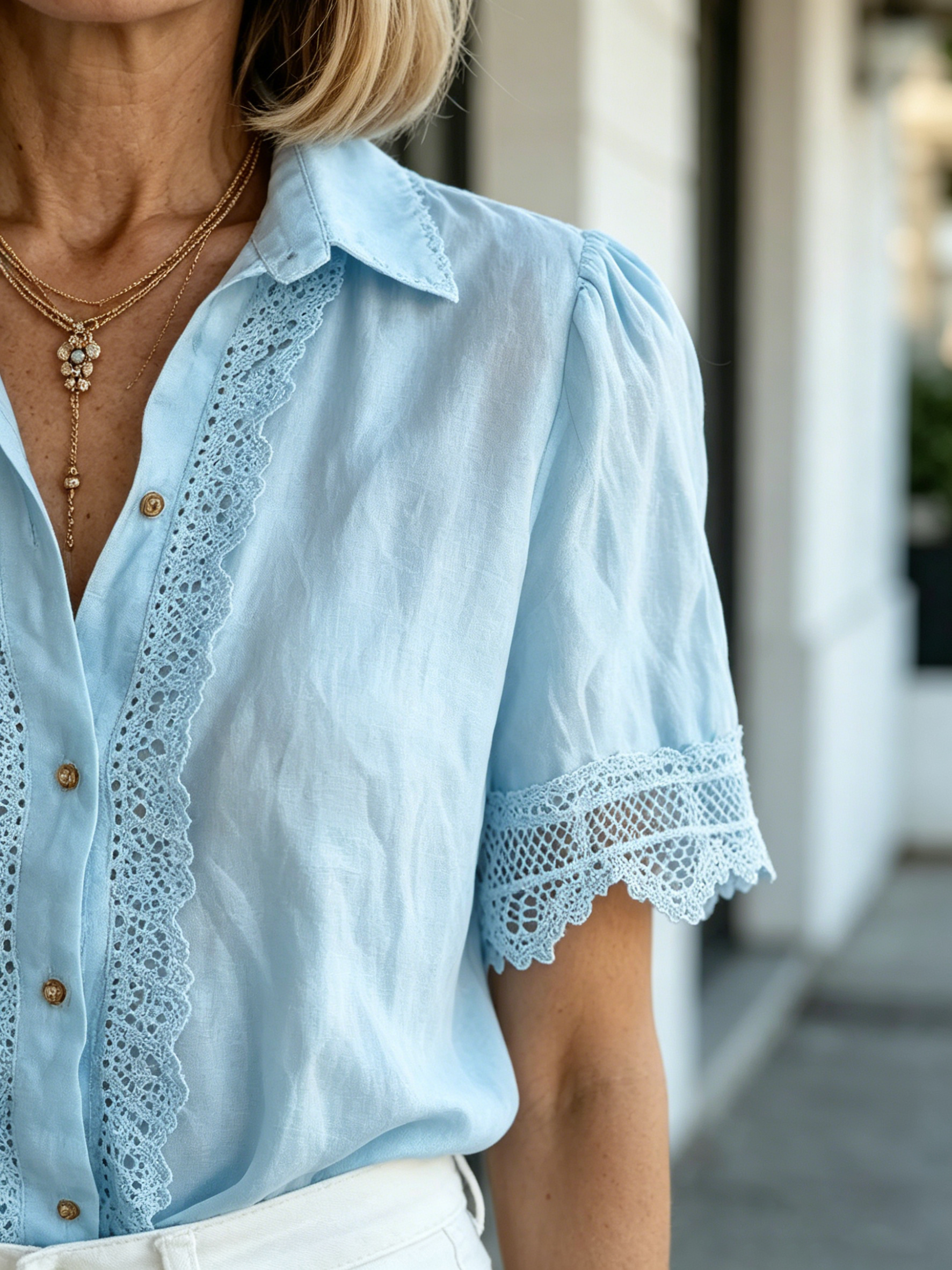 Lace Cotton and Linen Short-sleeved Casual Shirt Women