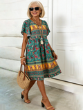 BOHO Floral Print Short-sleeved Pullover Round Neck Casual Medium-length Dress