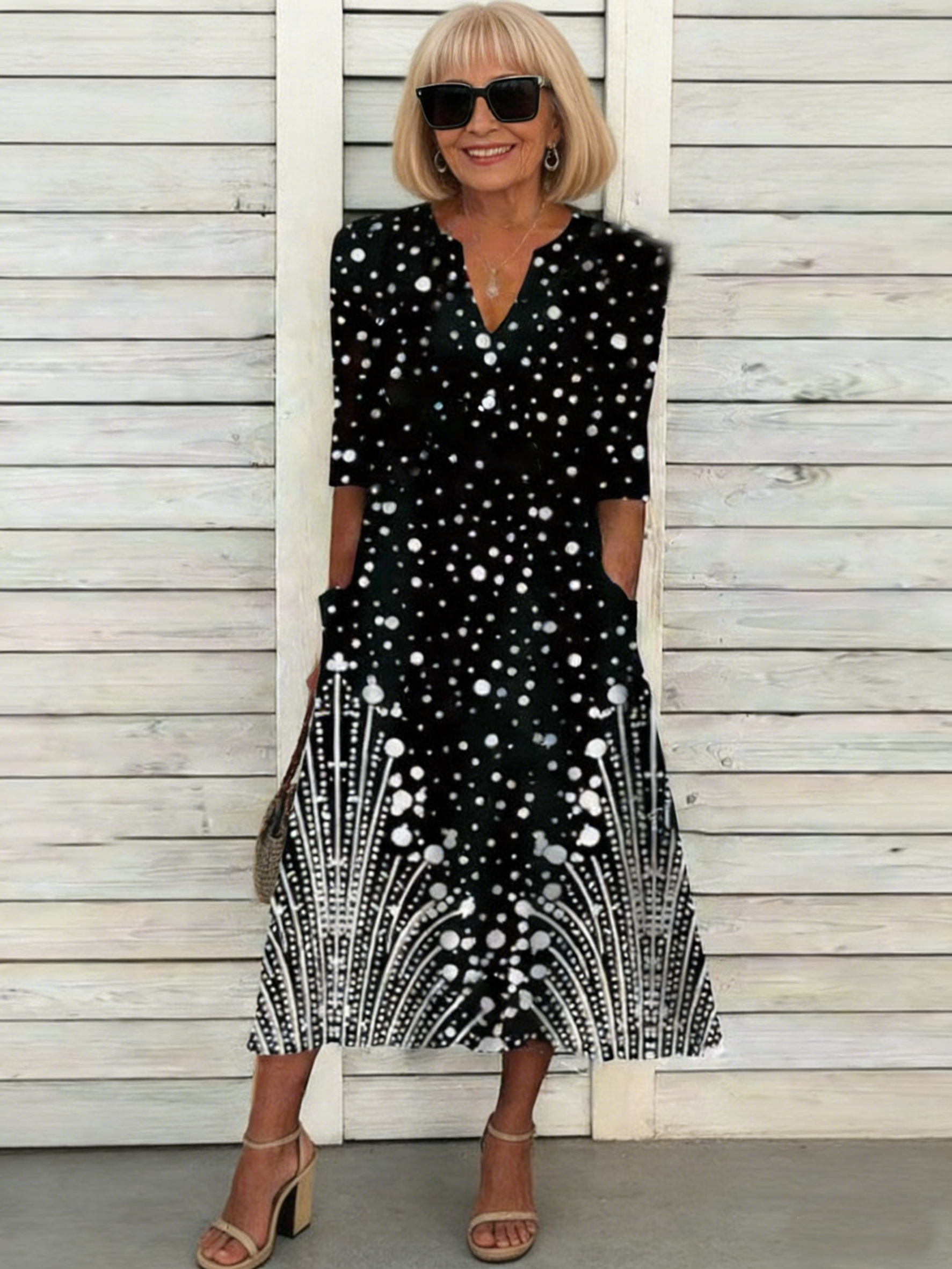 Positioning Printed Button Medium Sleeve Dress
