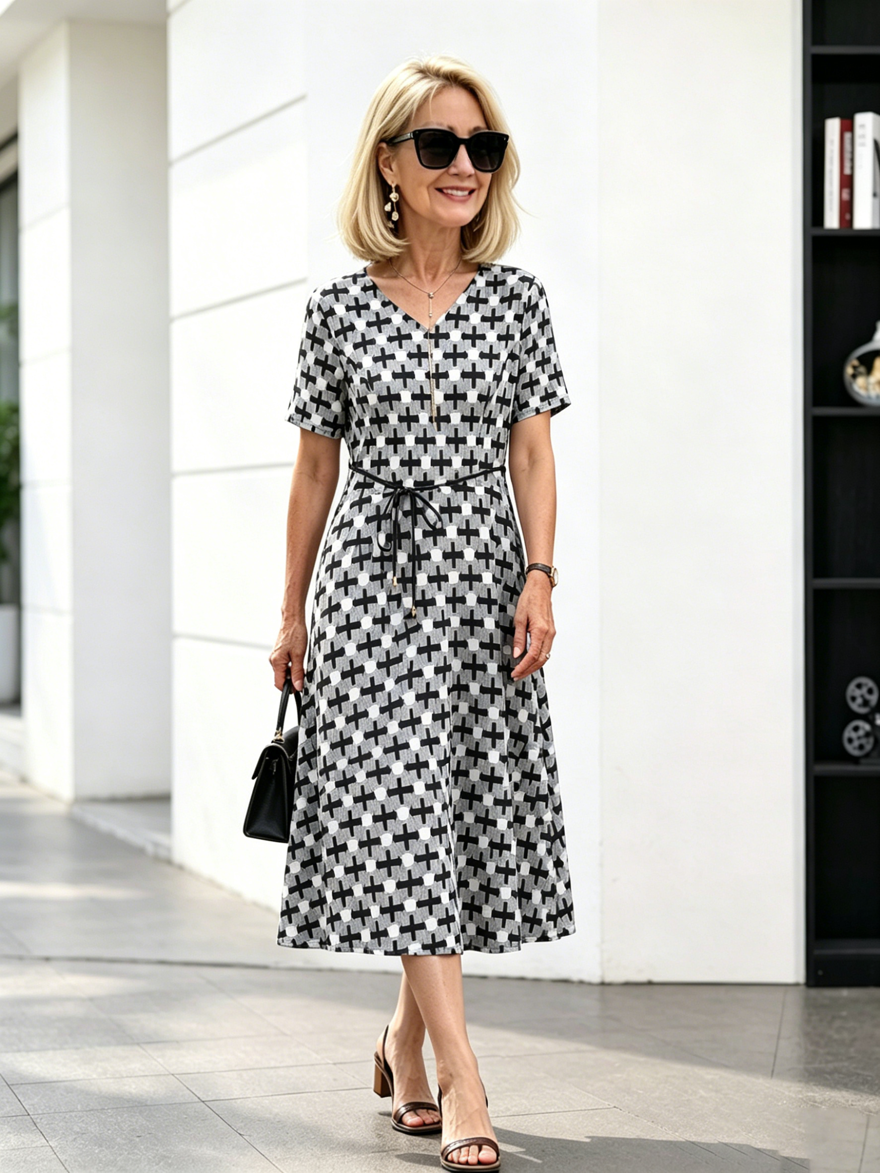 Orange Floral V-Neck Midi Dress, Short Sleeve Elastic Waist Slimming Temperament Long Dress for Mature Women