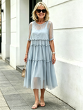 Light Blue Tiered Ruffle Chiffon Midi Dress, Round Neck Flutter Short Sleeve Loose Plus Size Elegant Women Dress