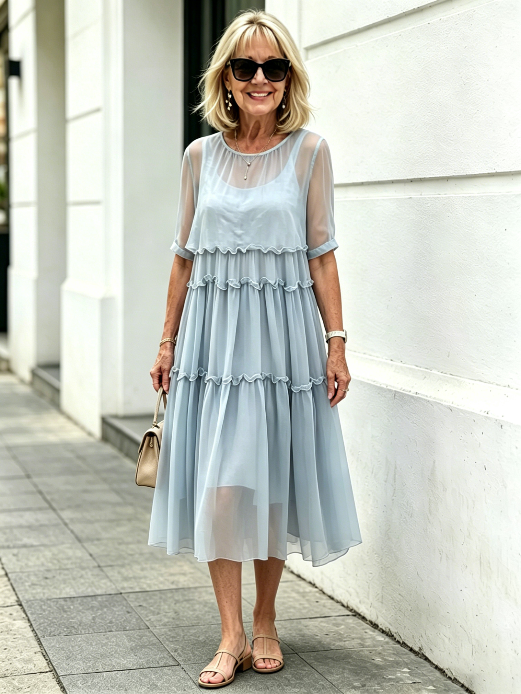 Light Blue Tiered Ruffle Chiffon Midi Dress, Round Neck Flutter Short Sleeve Loose Plus Size Elegant Women Dress