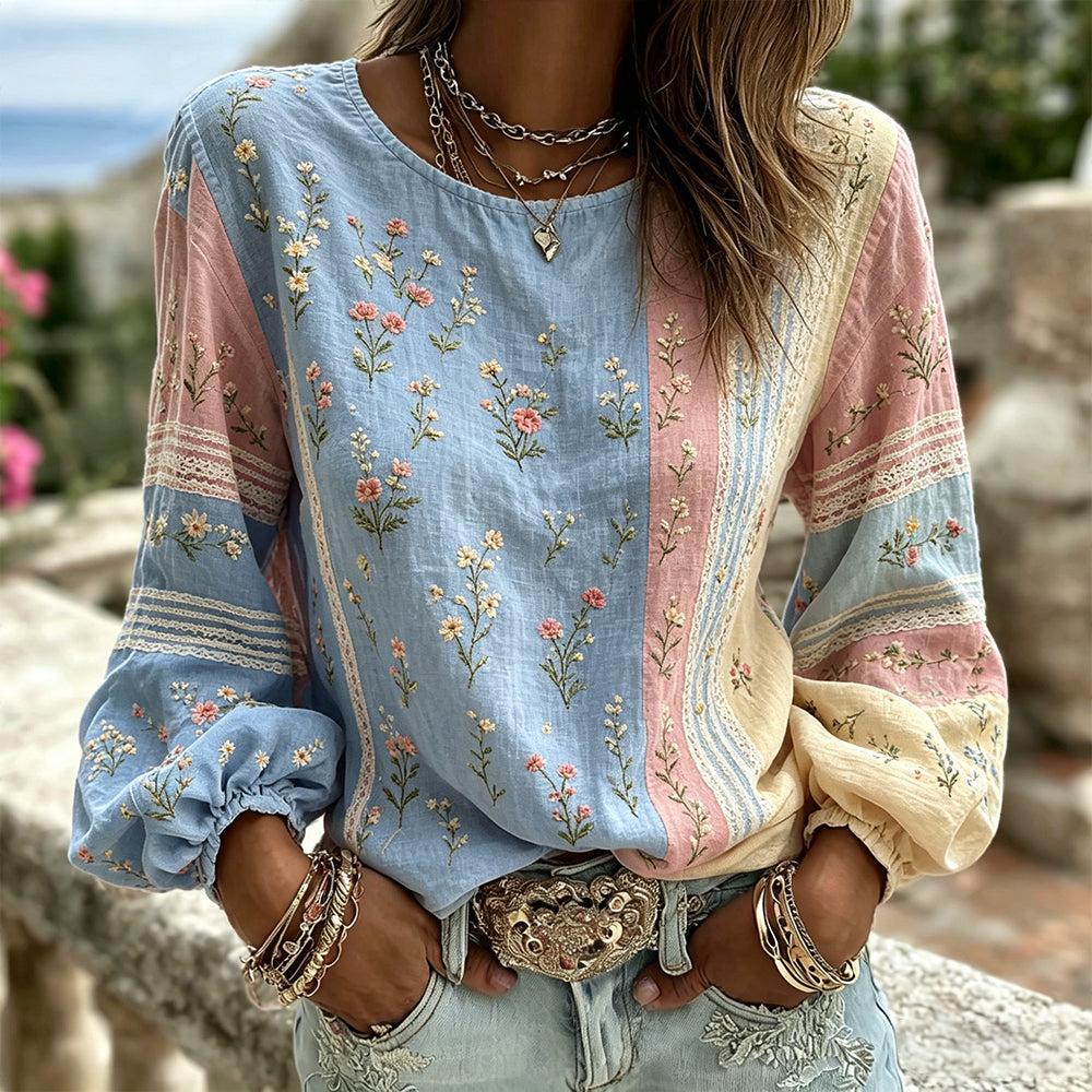 Retro Floral And Lace Art Embroidery Spliced Comfortable Cotton Linen Crew Neck Long Sleeve Top