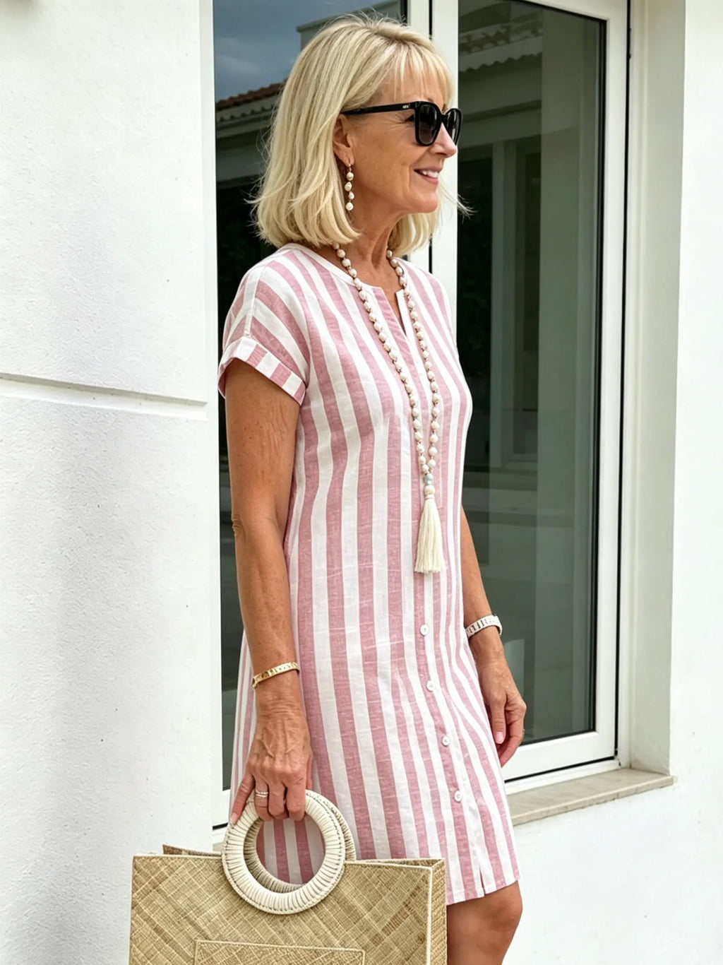 Breathable Cotton Dress Loose Casual Striped Shirt Dress