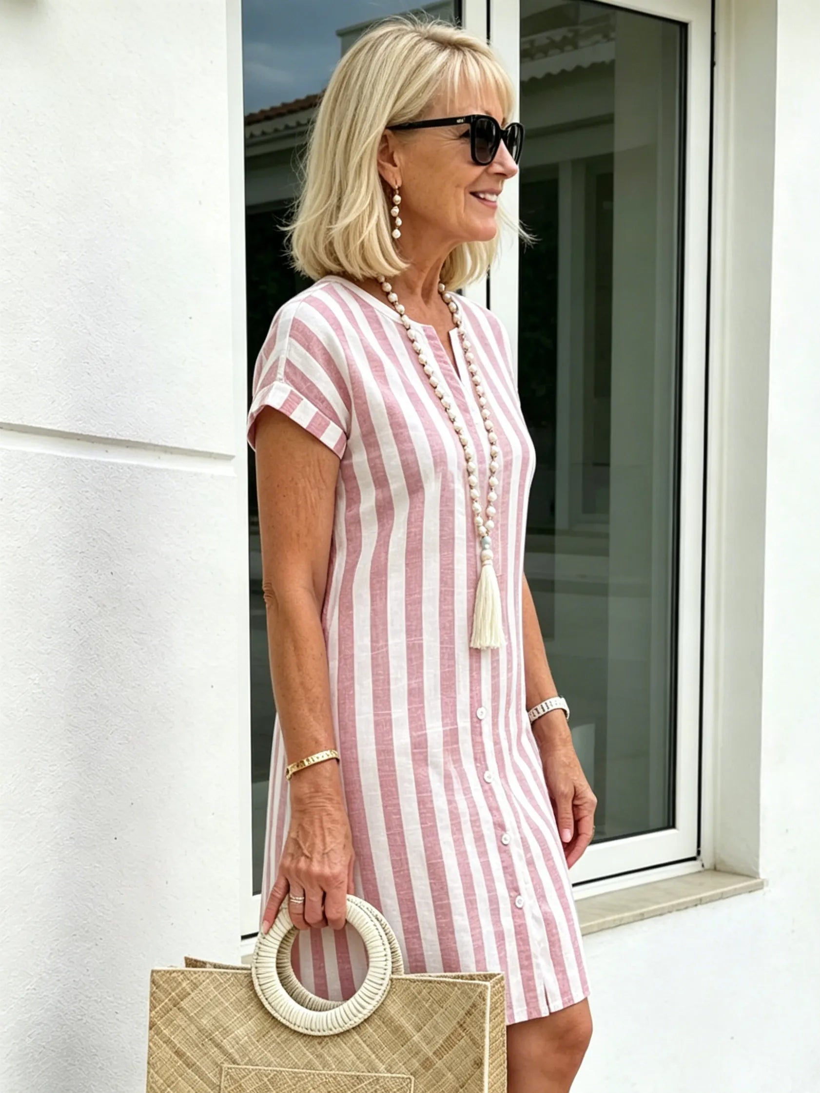 Breathable Cotton Dress Loose Casual Striped Shirt Dress
