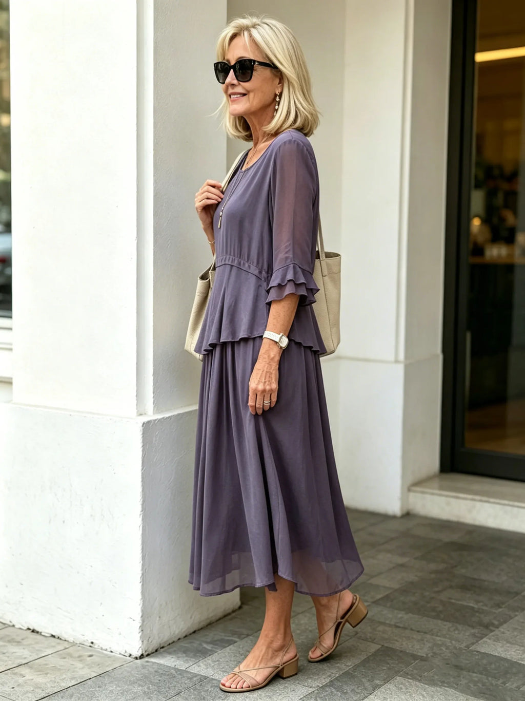 Purple Fake Two-Piece Tiered Chiffon Midi Dress, Round Neck Ruffle 3/4 Sleeve Loose Tummy Concealing Age-Reducing Dress for Mature Women
