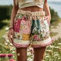 Women's Patchwork Floral Contrast Drawstring Shorts