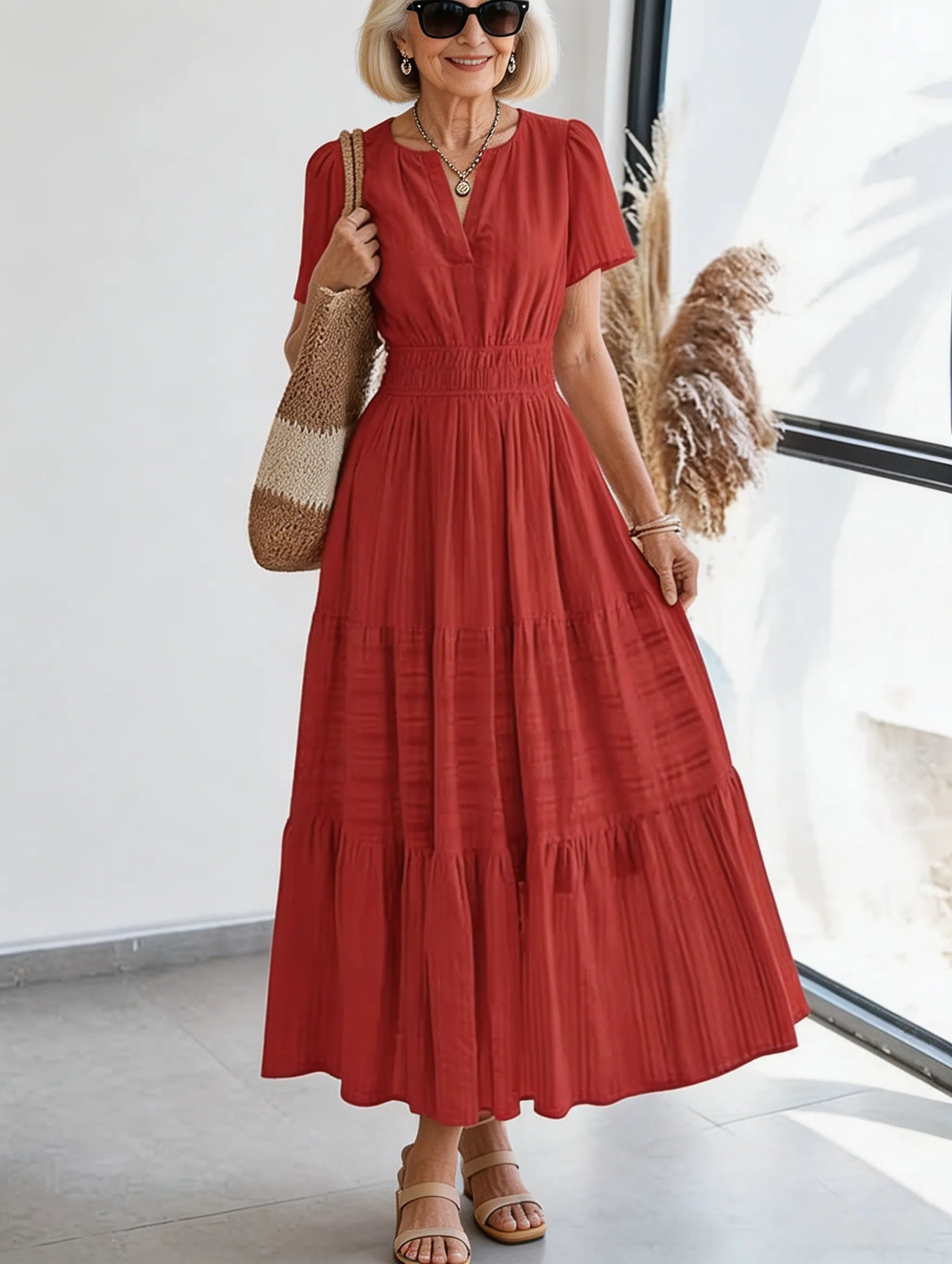 Cotton Fashion V-neck Pleated Bubble Sleeves Layered Pendulum Dress Women