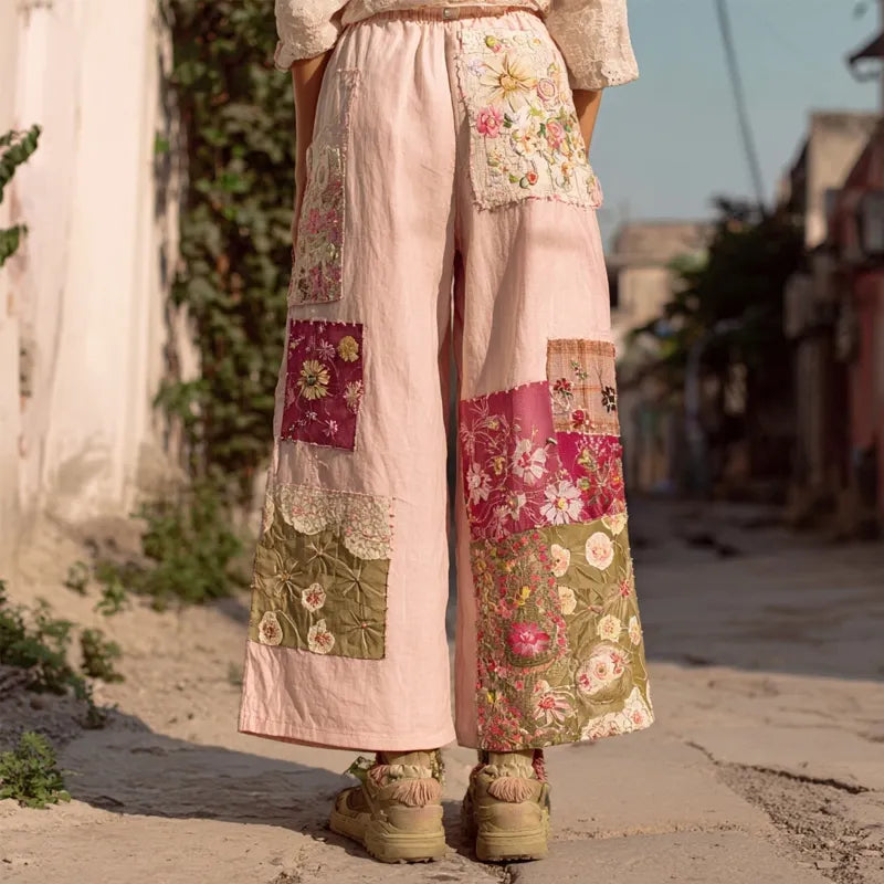Vintage Boho Floral Embroidered Patchwork Linen Trousers