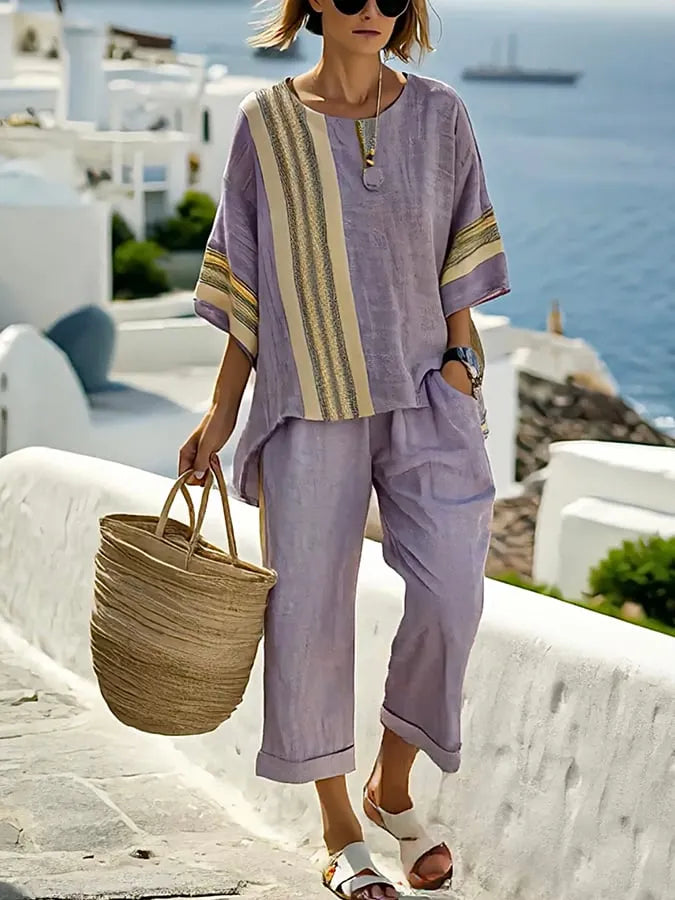 Women'S Loose Slit Contrast Striped Pants Set