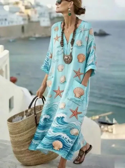 Women'S Casual Color-Block Cotton And Linen Dress
