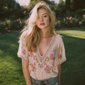 Women's Vintage Floral Embroidery Art Linen T-shirt