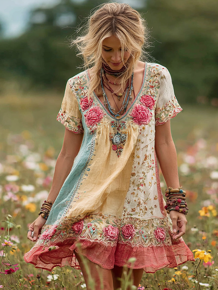 Women's Vintage Roses Embroidered Art Linen Short Dress