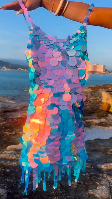 Iridescent Large Sequin Tassel Mini Dress