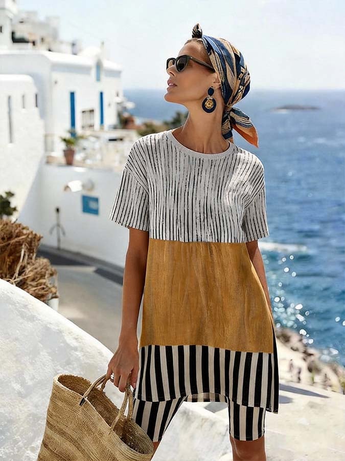 Women'S Casual Printed Short-Sleeved T-Shirt And Stretchy Pants Set