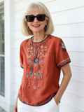 Embroidery Slim Fit Ethnic Linen T-Shirt Top