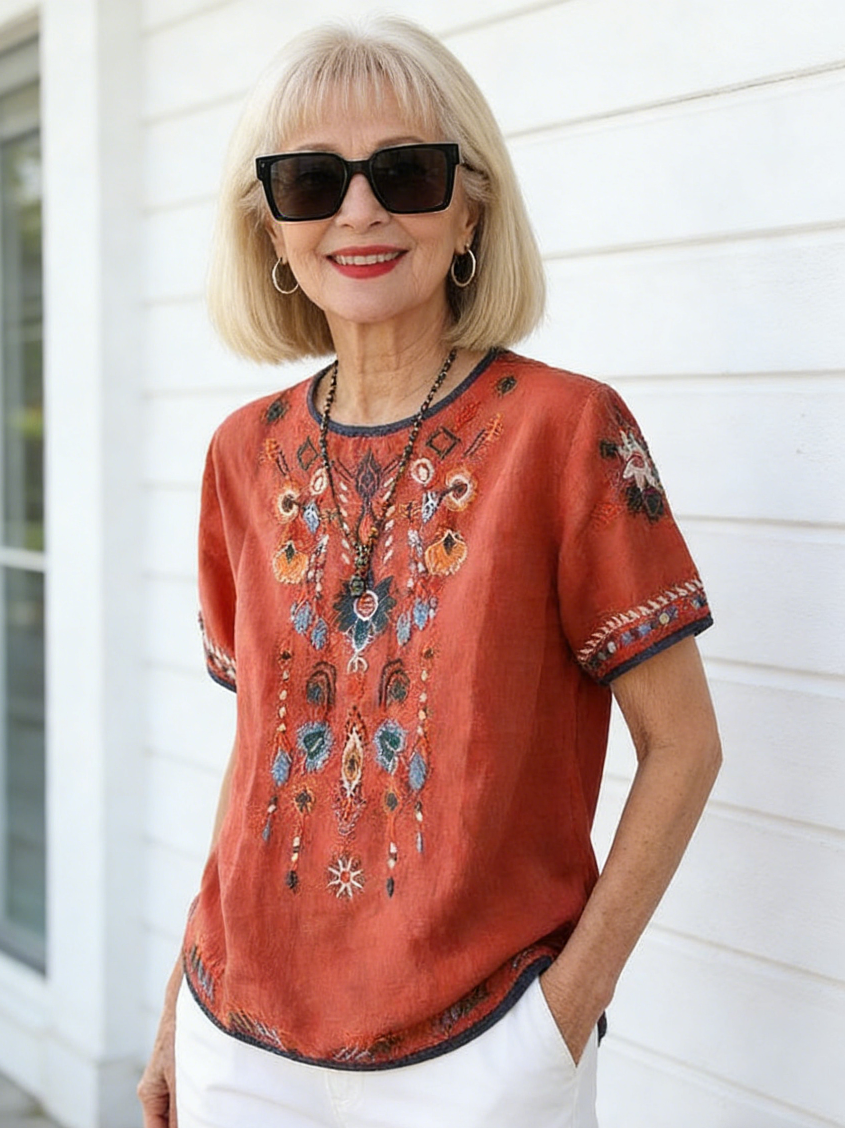 Embroidery Slim Fit Ethnic Linen T-Shirt Top