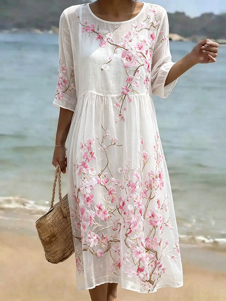 Women's Sakura Art Print Crew Neck Linen Blend Midi Dress