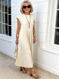 Elastic Dress Women's Elegant Fashion Crew Neck Sleeveless Pleated Long Dress