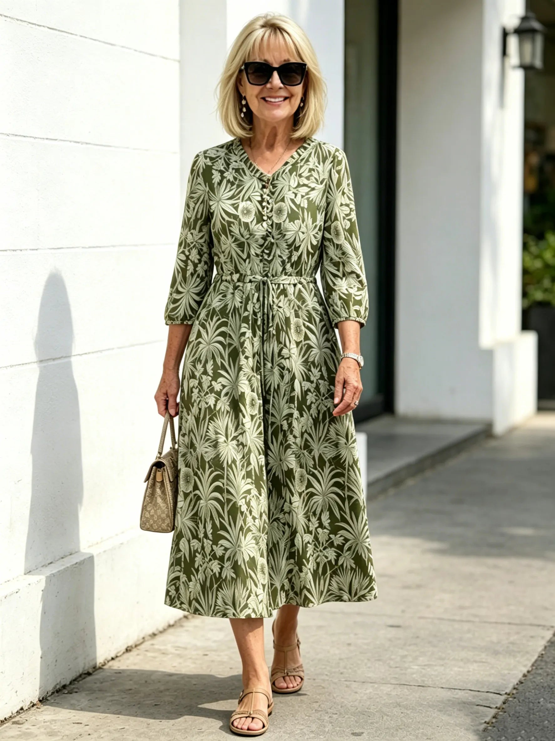 Navy Vintage Floral Maxi Dress, Ruffle Neck 3/4 Sleeve Elastic Waist Slimming Dress for Mature Women