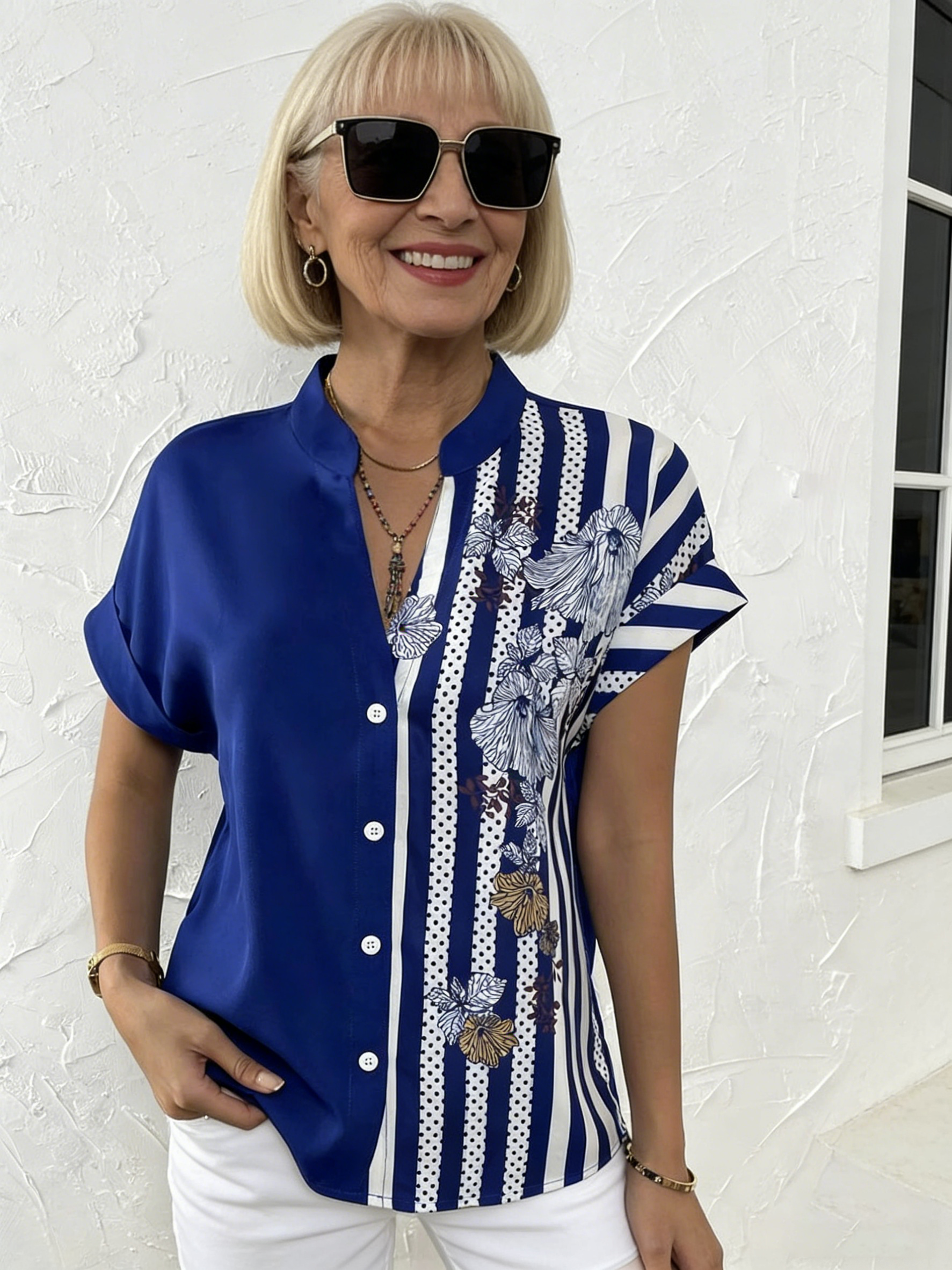 Double-spell Contrasting Floral Button-up Cardigan Short-sleeved Shirt