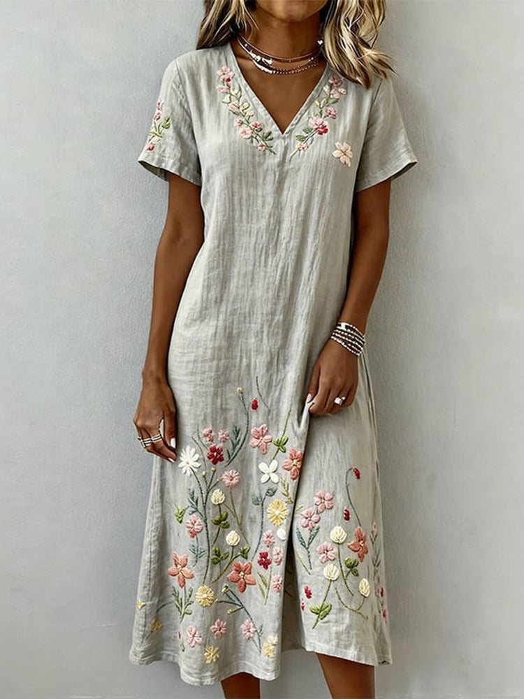 Women's Japanese Floral Art Linen-blend V Neck Maxi Dress