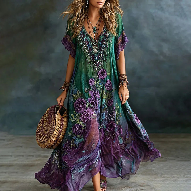 Women's Vintage Romantic Floral Art Linen Blend V Neck Maxi Dress