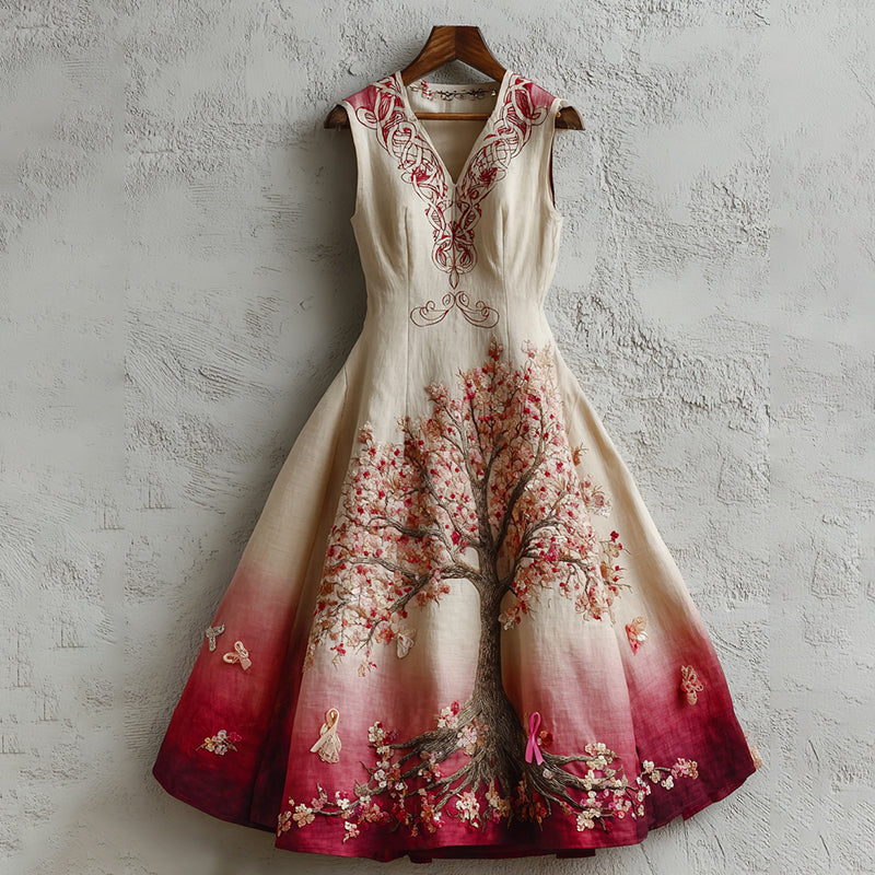 Women's Tree Of Life Pink Ribbon Embroidery Tank Belt Maxi Dress