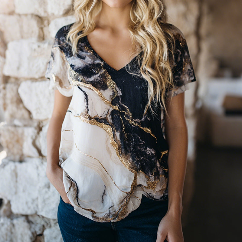 Women's Marble Art Print Flowy Linen Blend V Neck Linen Tops