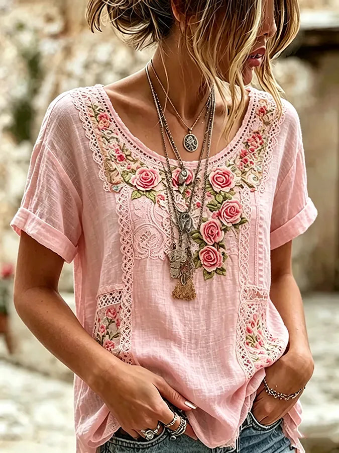 Women's casual floral print cotton and linen round neck top