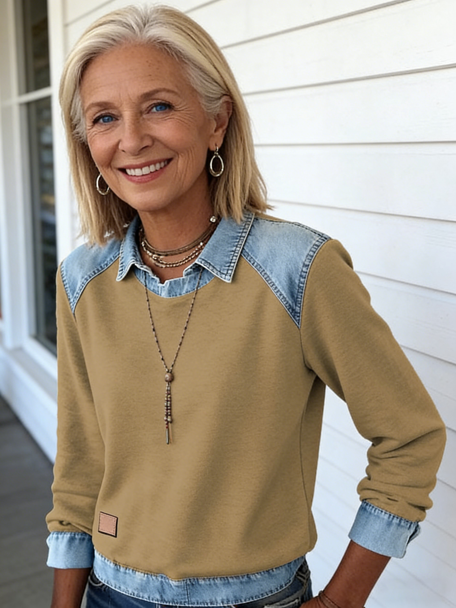 Denim Collar Long Sleeves, Pullover Stitched Knitted Sweater Top