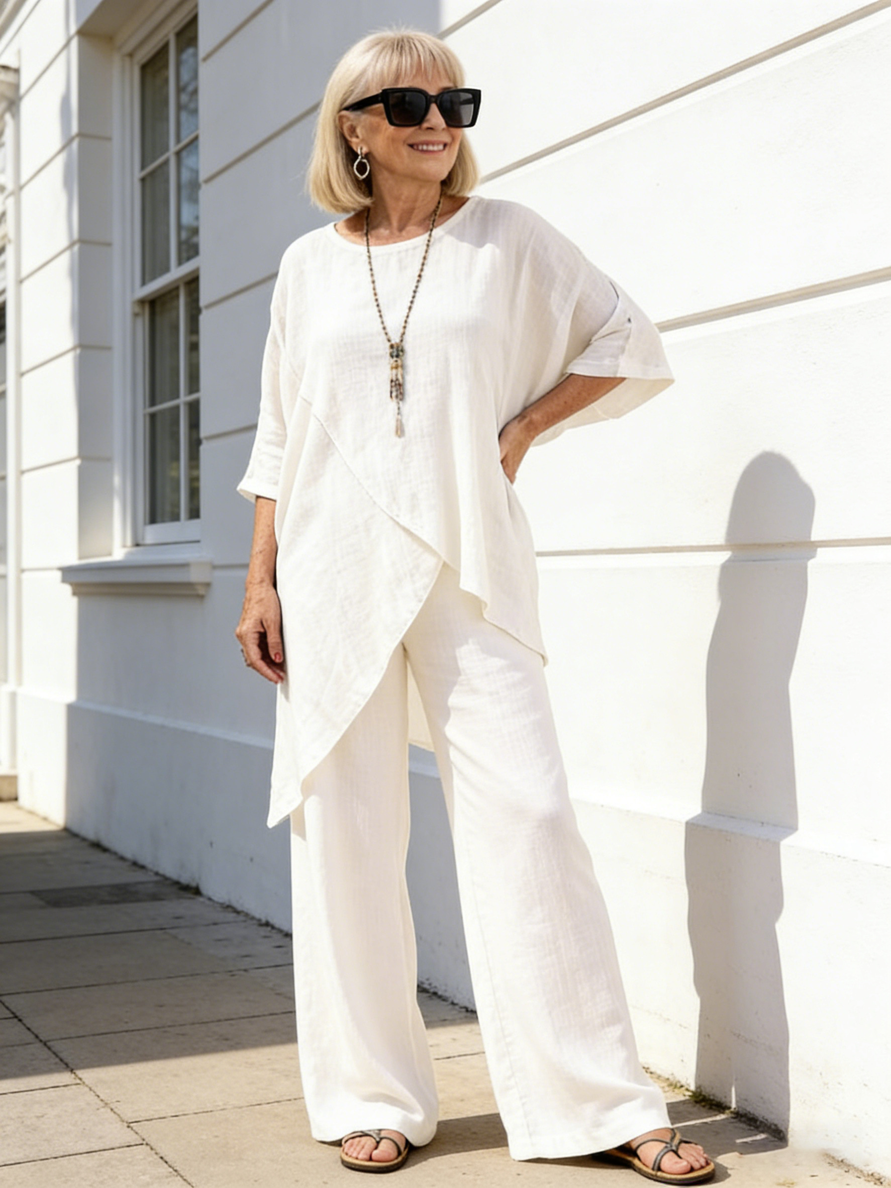 2Pcs Set Cotton and Linen Sleeves Round Neck Loose Casual Irregular Hem Set