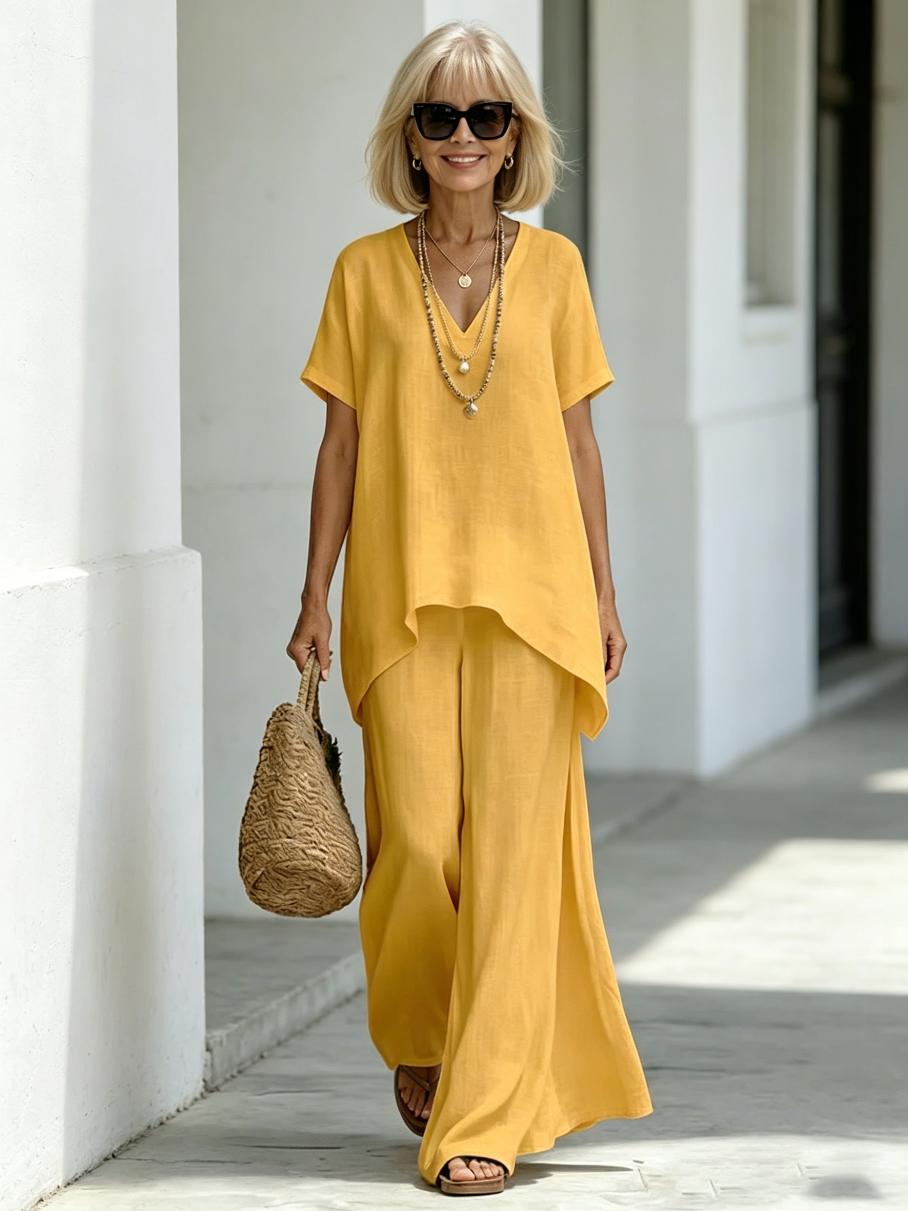 Cotton and Linen V-neck Short-sleeved Fashion Loose Top Wide-leg Pants Set