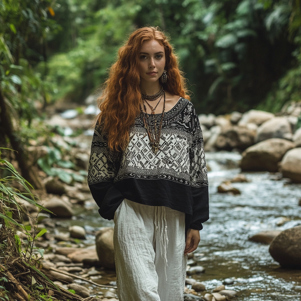 Bohemian Holiday Style Vintage Embroidered Print Casual Long-sleeved Top