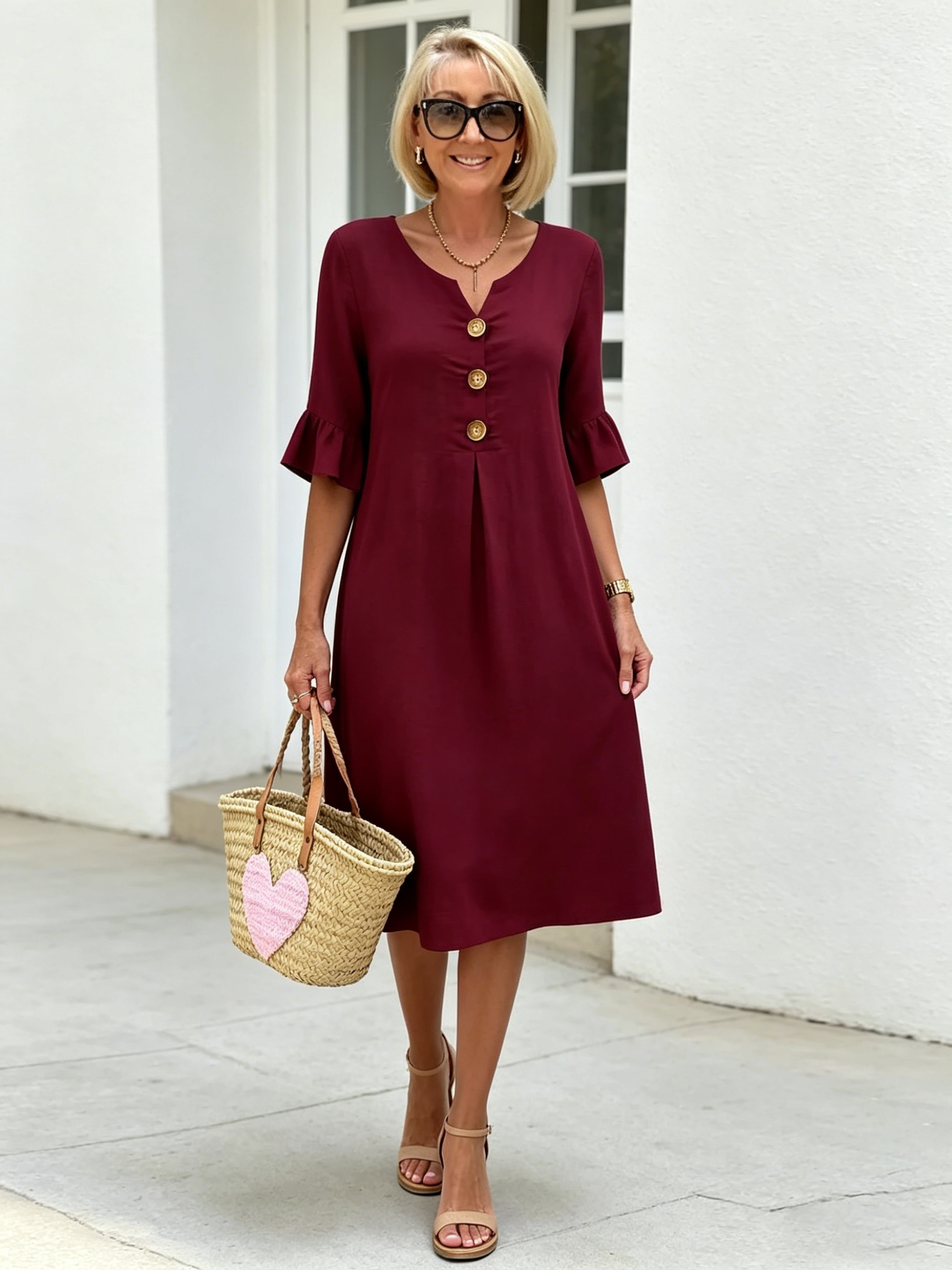 Cotton and Linen V-neck Large Button Lotus Leaf Sleeve Design Dress