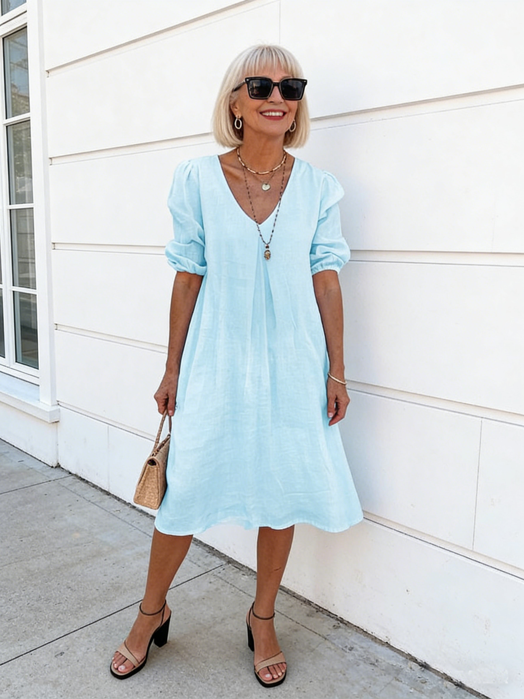 Blue Deep V Cotton and Linen Dress