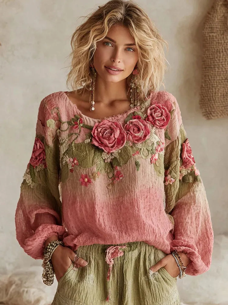 Women's Rose Embroidery Art Round Neck Loose T-shirt