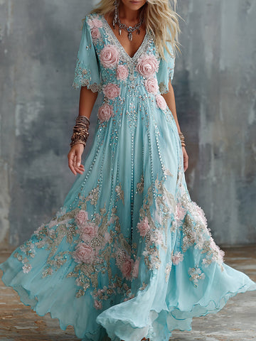 Women's Vintage Rose Floral Art Linen Blend V Neck Maxi Dress